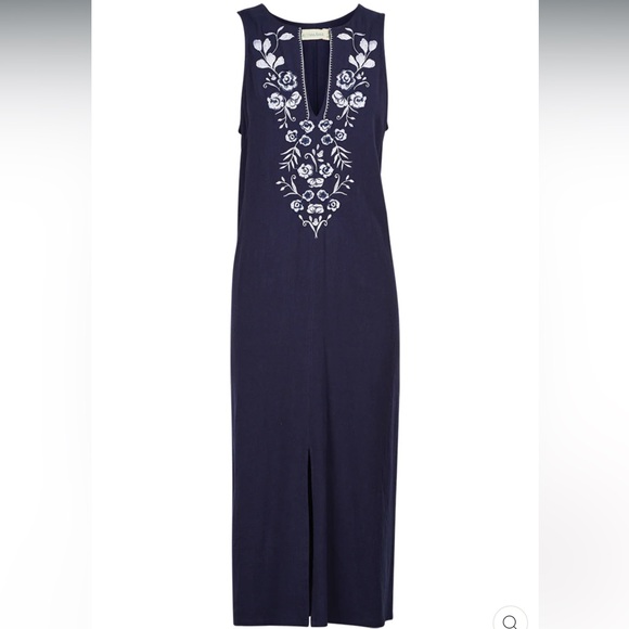 Isle of Mine embroidered navy rayon linen blend boho midi dress NWT M/L - Picture 1 of 12